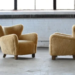Pair Of 1940's Style Classic Club Or Lounge Chairs In Amber Color Shearling -chairish shop pair of 1940s style classic club or lounge chairs in amber color shearling 6362