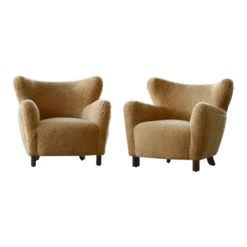 Pair Of 1940's Style Classic Club Or Lounge Chairs In Amber Color Shearling