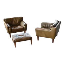 Pair Of 1960's Olive Brown Leather Lounge Chairs With Ottoman By Illum Wikkelsø