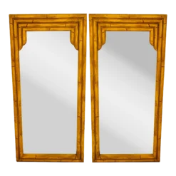Pair Of Pagoda Bamboo Mirrors In Wood And Resin, C. 1970's