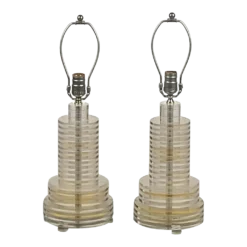 Pair Of Sculptural 70's Clear And Tinted Lucite Disc Lamps