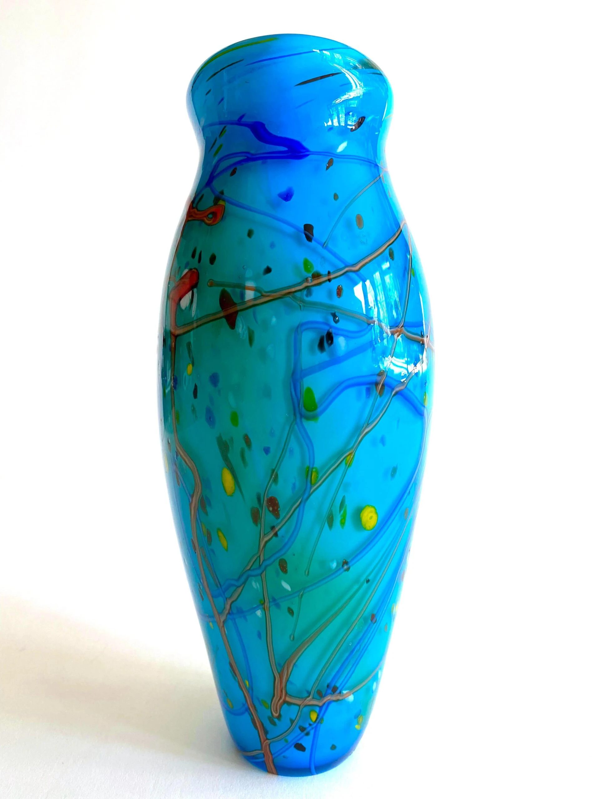 Postmodern Vintage 1990's Hand Blown Studio Art Glass Aqua Blue Abstract Contemporary Flower Vase 8 Postmodern Vintage 1990's Hand Blown Studio Art Glass Aqua Blue Abstract Contemporary Flower Vase - Image 8