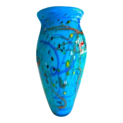 Postmodern Vintage 1990's Hand Blown Studio Art Glass Aqua Blue Abstract Contemporary Flower Vase