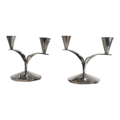 Georg Jensen Pr. Danish Mid Century Modern Silver-Plate Candle Sticks By Carl Christensen C. 1960's