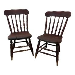 Primitive Rustic Farmhouse Slant Back Plank Seat Antique Pine Chairs, A Pair, Circa 1850's