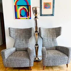 Renzo Zavanella Attributed 1950's Pair Of Wingback Armchairs Newly Reupholstered In Tweed -chairish shop renzo zavanella attributed 1950s pair of wingback armchairs newly reupholstered in tweed 0558 scaled
