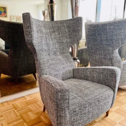 Renzo Zavanella Attributed 1950's Pair Of Wingback Armchairs Newly Reupholstered In Tweed -chairish shop renzo zavanella attributed 1950s pair of wingback armchairs newly reupholstered in tweed 3135 scaled