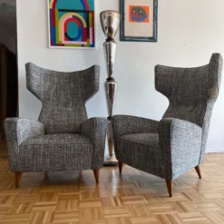 Renzo Zavanella Attributed 1950's Pair Of Wingback Armchairs Newly Reupholstered In Tweed -chairish shop renzo zavanella attributed 1950s pair of wingback armchairs newly reupholstered in tweed 5203 scaled