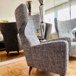 Renzo Zavanella Attributed 1950's Pair Of Wingback Armchairs Newly Reupholstered In Tweed -chairish shop renzo zavanella attributed 1950s pair of wingback armchairs newly reupholstered in tweed 6937 scaled