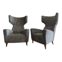Renzo Zavanella Attributed 1950's Pair Of Wingback Armchairs Newly Reupholstered In Tweed