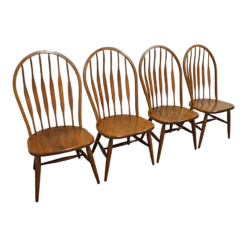 Set Of 4 S. Bent Bros. Rustic Country French Style Solid Oak Cattail Dining Side Chairs 736