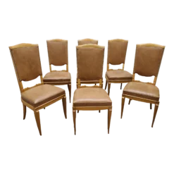 Set Of Six 1940's Dining Chairs In Beech With Nickel Detail, Attributed To Rene Prou