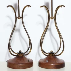 Tall Brass, Walnut & Lucite "Scroll" Style Table Lamps, 1950's - A Pair -chairish shop tall brass walnut and lucite scroll style table lamps 1950s a pair 2703