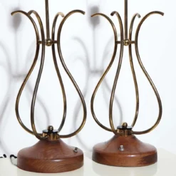 Tall Brass, Walnut & Lucite "Scroll" Style Table Lamps, 1950's - A Pair -chairish shop tall brass walnut and lucite scroll style table lamps 1950s a pair 6616