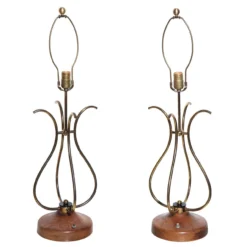 Tall Brass, Walnut & Lucite "Scroll" Style Table Lamps, 1950's - A Pair -chairish shop tall brass walnut and lucite scroll style table lamps 1950s a pair 6742