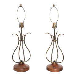 Tall Brass, Walnut & Lucite "Scroll" Style Table Lamps, 1950's - A Pair