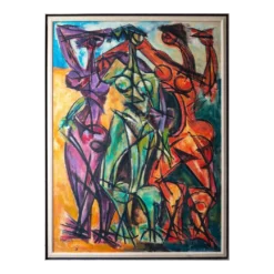 Trio Of Cubist Figures 1960/70's Framed, Acrylic On Canvas, Signed