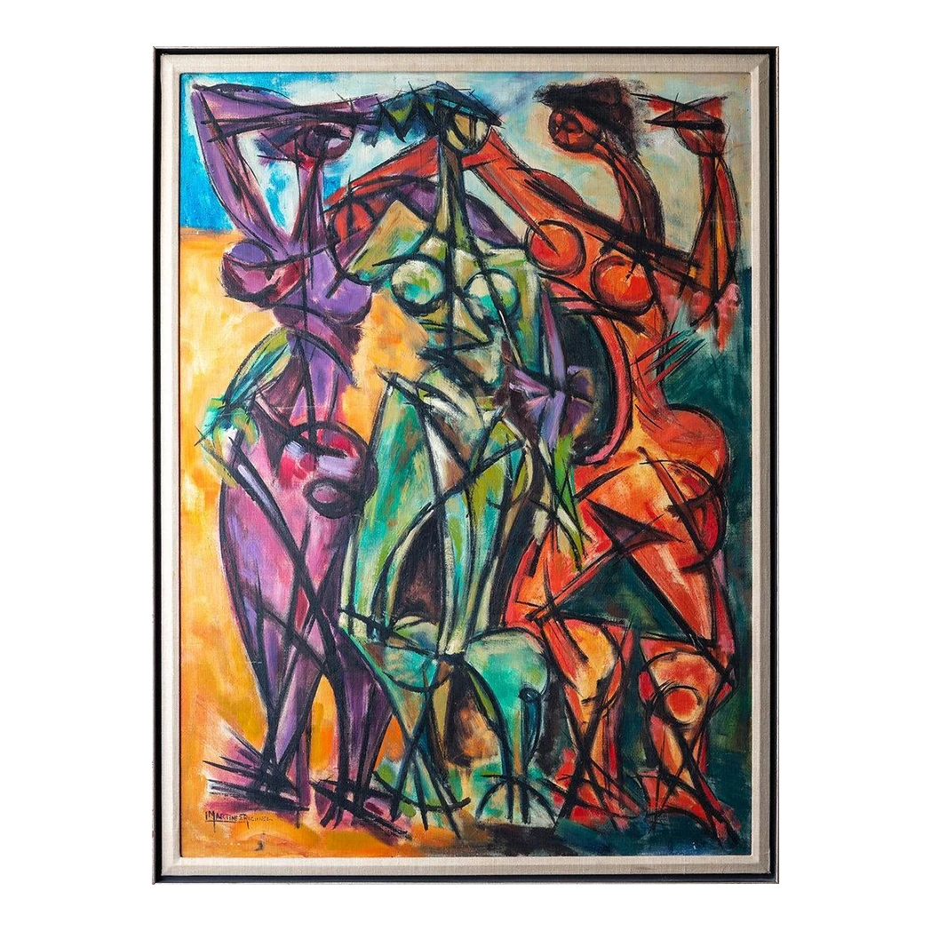 Trio Of Cubist Figures 1960/70's Framed, Acrylic On Canvas, Signed 1 Trio Of Cubist Figures 1960/70's Framed, Acrylic On Canvas, Signed