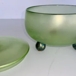 Vintage 1930’s Green Kralik Czech Art Glass Lidded Bowl -chairish shop vintage 1930s green kralik czech art glass lidded bowl 2140 scaled