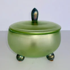 Vintage 1930’s Green Kralik Czech Art Glass Lidded Bowl -chairish shop vintage 1930s green kralik czech art glass lidded bowl 7974
