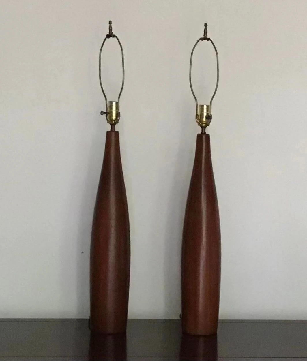 Vintage 1960's Danish Modern Tall Turned Teak Lamps By Esa - A Pair 7 Vintage 1960's Danish Modern Tall Turned Teak Lamps By Esa - A Pair - Image 7
