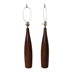 Vintage 1960's Danish Modern Tall Turned Teak Lamps By Esa - A Pair