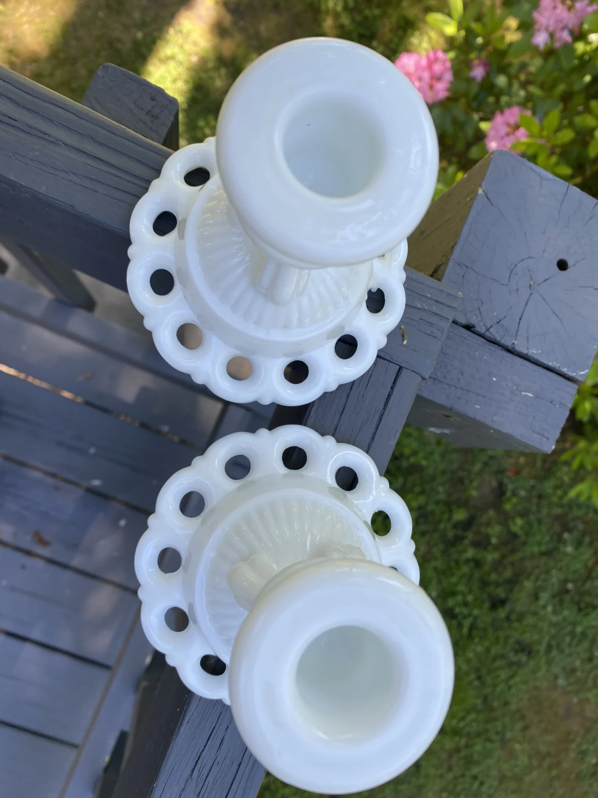 Vintage 1960's Mid-Century Modern Doric Lace Westmoreland Milk Glass Candlesticks - A Pair 3 Vintage 1960's Mid-Century Modern Doric Lace Westmoreland Milk Glass Candlesticks - A Pair - Image 3