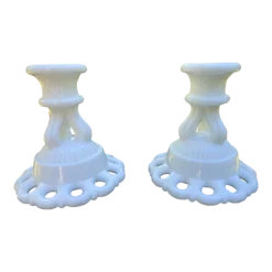 Vintage 1960's Mid-Century Modern Doric Lace Westmoreland Milk Glass Candlesticks - A Pair