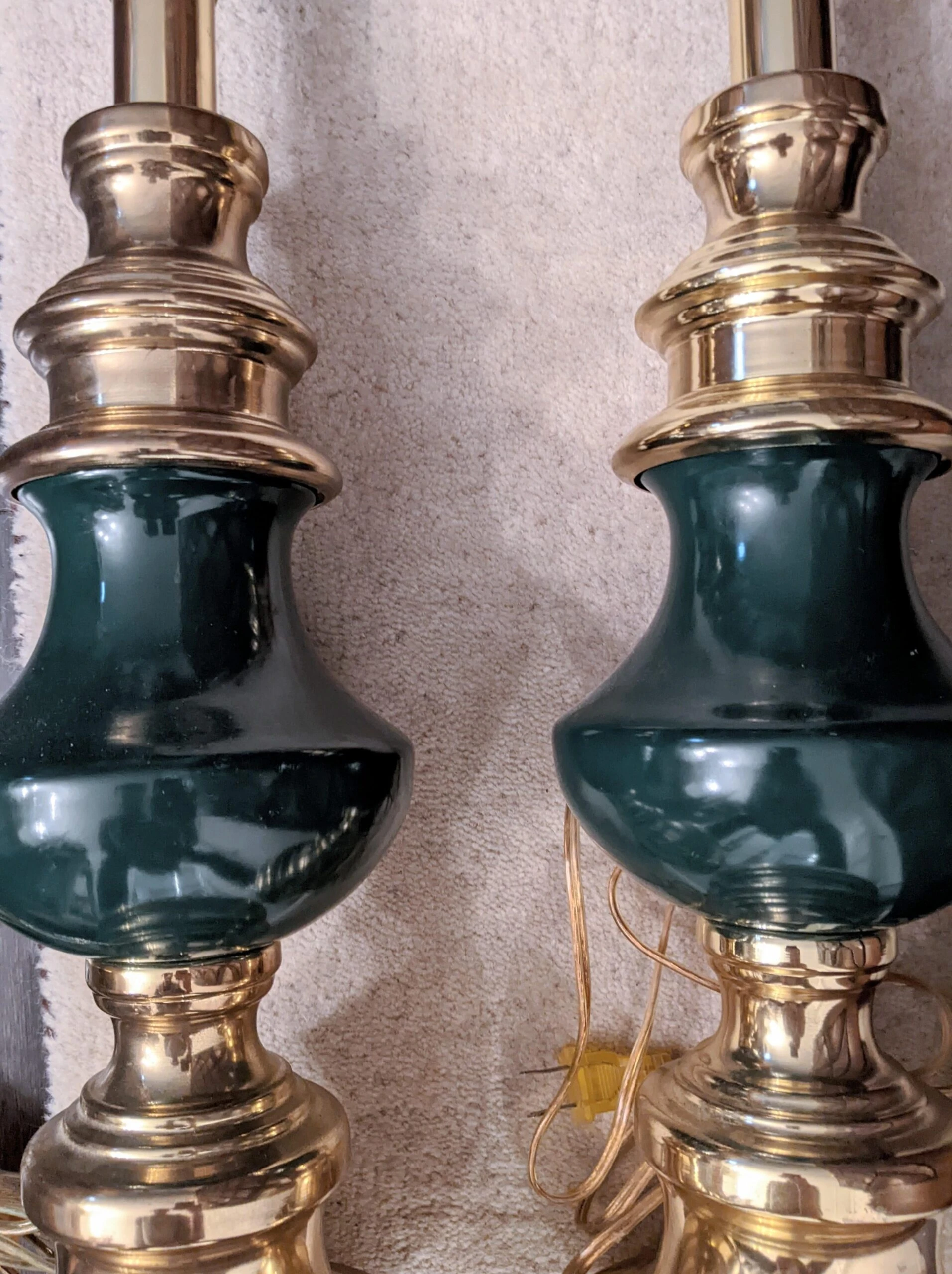 Vintage 1980's Brass And Emerald Green Table Lamps - A Pair 2 Vintage 1980's Brass And Emerald Green Table Lamps - A Pair - Image 2