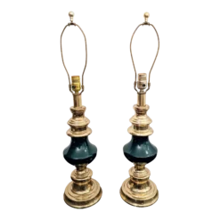 Vintage 1980's Brass And Emerald Green Table Lamps - A Pair