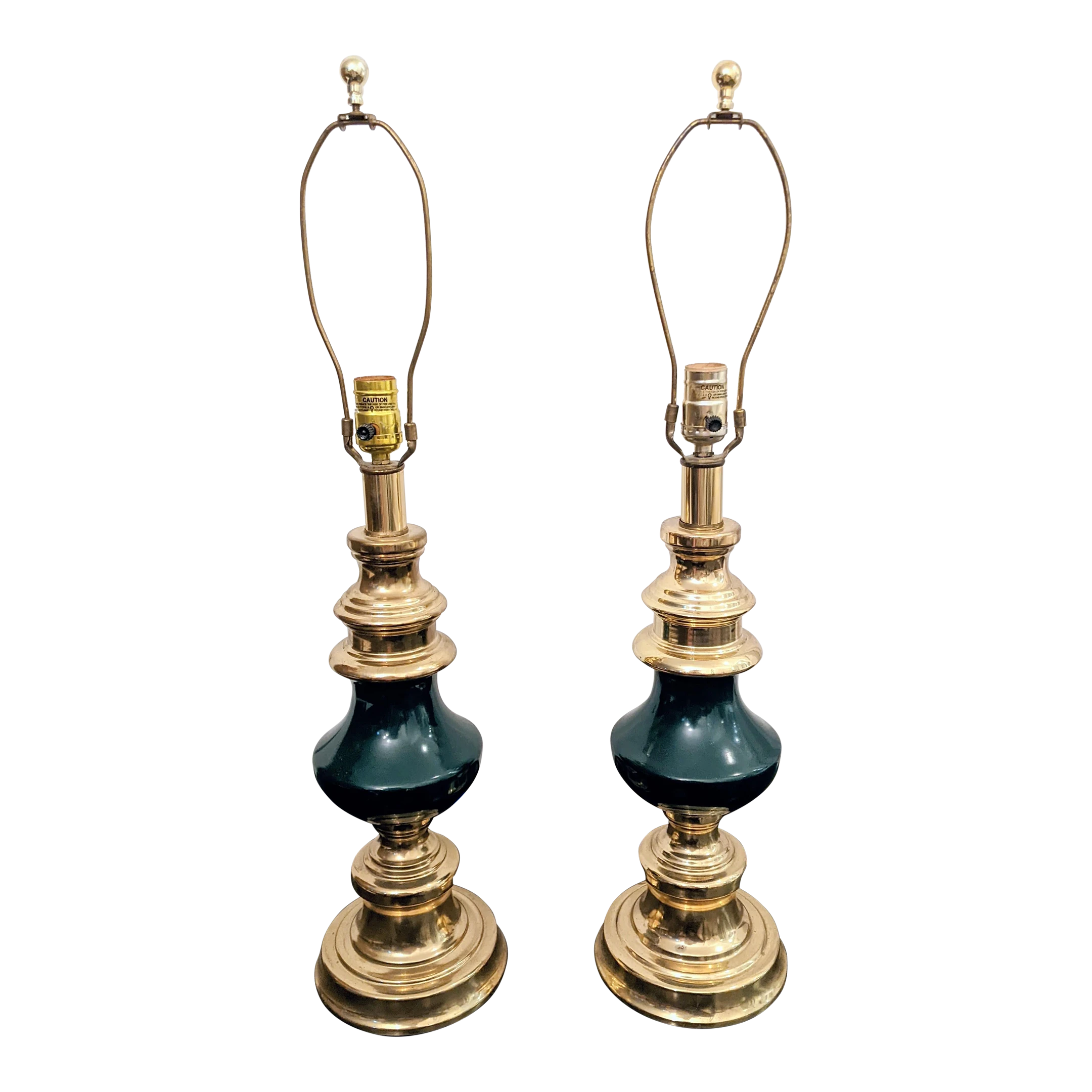 Vintage 1980's Brass And Emerald Green Table Lamps - A Pair 1 Vintage 1980's Brass And Emerald Green Table Lamps - A Pair