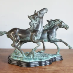 Vintage 1980's Bronze Galloping Horses Statue On Wood Base -chairish shop vintage 1980s bronze galloping horses statue on wood base 4507 scaled