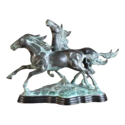 Vintage 1980's Bronze Galloping Horses Statue On Wood Base