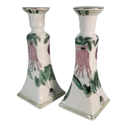 Vintage 1980's Chinese Candle Holders Pair Hand Painted Radish Design
