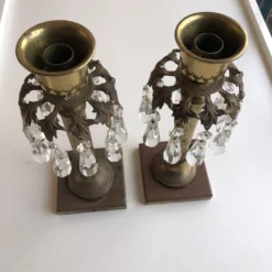 Vintage Brass Pillar Candle Holders W/ Crystal Prisms S-2 -chairish shop vintage brass pillar candle holders w crystal prisms s 2 4369 scaled