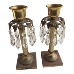 Vintage Brass Pillar Candle Holders W/ Crystal Prisms S-2