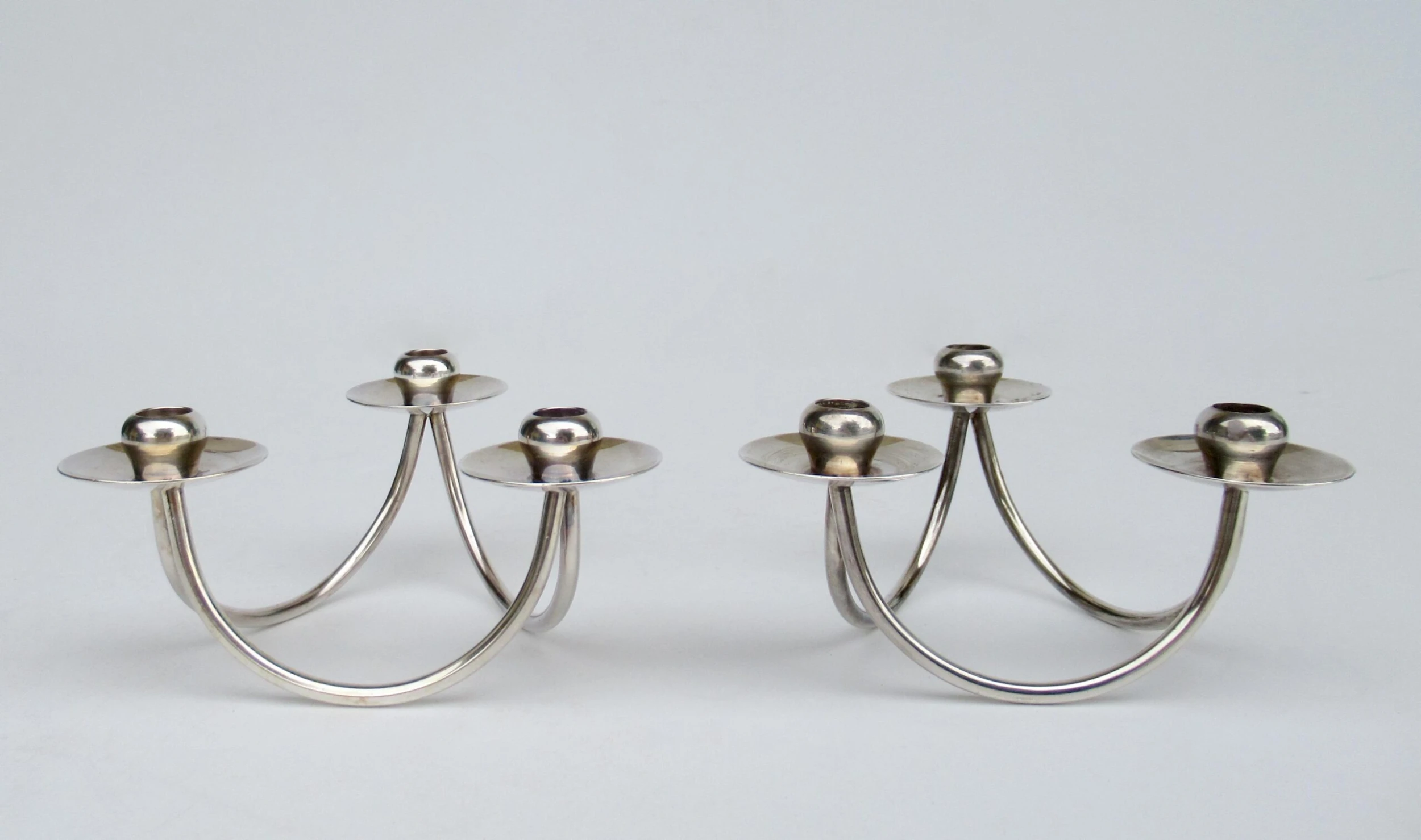 Georg Jensen Vintage C.1960's (Denmark)- Selandia Silver Plate Danish 3-Candle Candelabra -A Pair 4 Georg Jensen Vintage C.1960's (Denmark)- Selandia Silver Plate Danish 3-Candle Candelabra -A Pair - Image 4