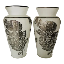Vintage Frosted Glass Silver Overlay Floral Design Vases S/2