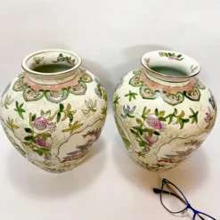 Vintage Pair Chinese Vases Birds, Flowers, Pomegranates Style Of “Great Qing Tungzhi” Period Made In Macau 1970’s -chairish shop vintage pair chinese vases birds flowers pomegranates style of great qing tungzhi period made in macau 1970s 2412 scaled