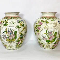 Vintage Pair Chinese Vases Birds, Flowers, Pomegranates Style Of “Great Qing Tungzhi” Period Made In Macau 1970’s -chairish shop vintage pair chinese vases birds flowers pomegranates style of great qing tungzhi period made in macau 1970s 3579