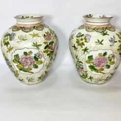Vintage Pair Chinese Vases Birds, Flowers, Pomegranates Style Of “Great Qing Tungzhi” Period Made In Macau 1970’s -chairish shop vintage pair chinese vases birds flowers pomegranates style of great qing tungzhi period made in macau 1970s 5073 scaled