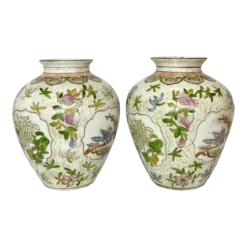 Vintage Pair Chinese Vases Birds, Flowers, Pomegranates Style Of “Great Qing Tungzhi” Period Made In Macau 1970’s