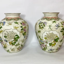 Vintage Pair Chinese Vases Birds, Flowers, Pomegranates Style Of “Great Qing Tungzhi” Period Made In Macau 1970’s -chairish shop vintage pair chinese vases birds flowers pomegranates style of great qing tungzhi period made in macau 1970s 8541