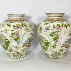 Vintage Pair Chinese Vases Birds, Flowers, Pomegranates Style Of “Great Qing Tungzhi” Period Made In Macau 1970’s -chairish shop vintage pair chinese vases birds flowers pomegranates style of great qing tungzhi period made in macau 1970s 9258