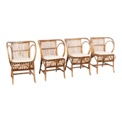 Vintage Set Of 4 Bamboo Wicker Arm Chairs By Robert Wengler, Denmark 1960's
