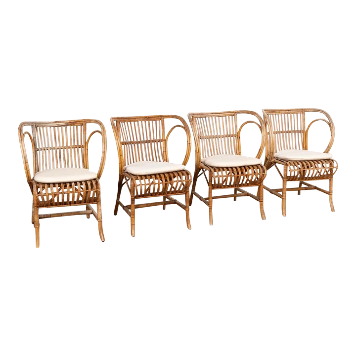Vintage Set Of 4 Bamboo Wicker Arm Chairs By Robert Wengler, Denmark 1960's 1 Vintage Set Of 4 Bamboo Wicker Arm Chairs By Robert Wengler, Denmark 1960's